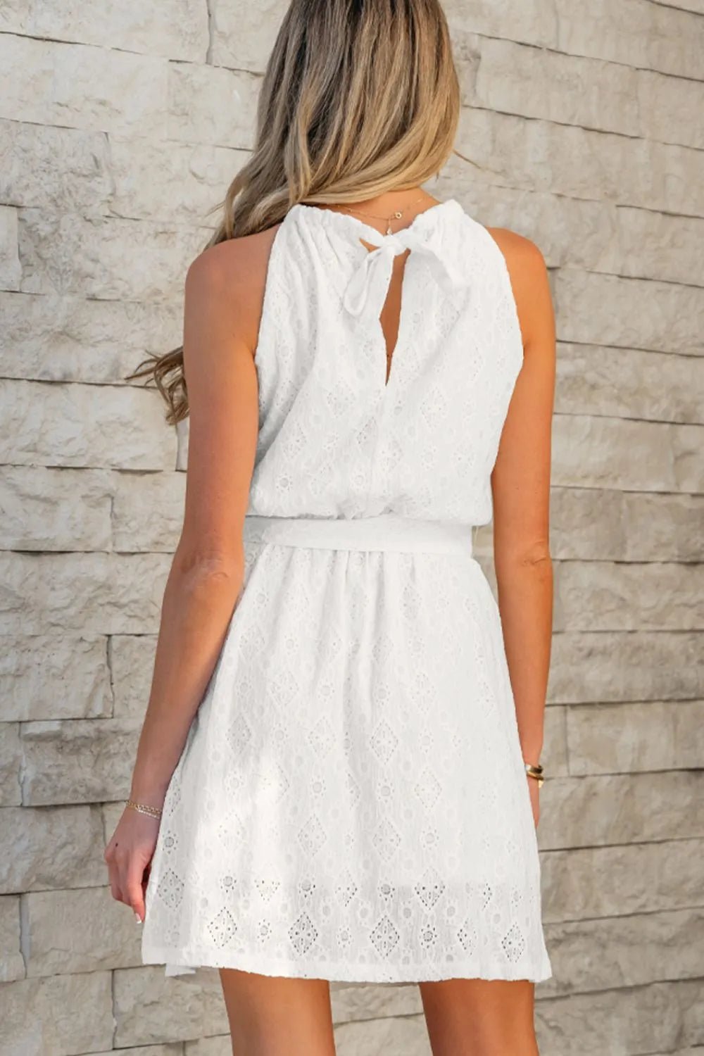 Lace Sleeveless Tied Waist Mini Dress - adritiX