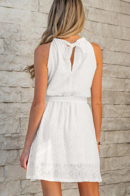 Lace Sleeveless Tied Waist Mini Dress - adritiX