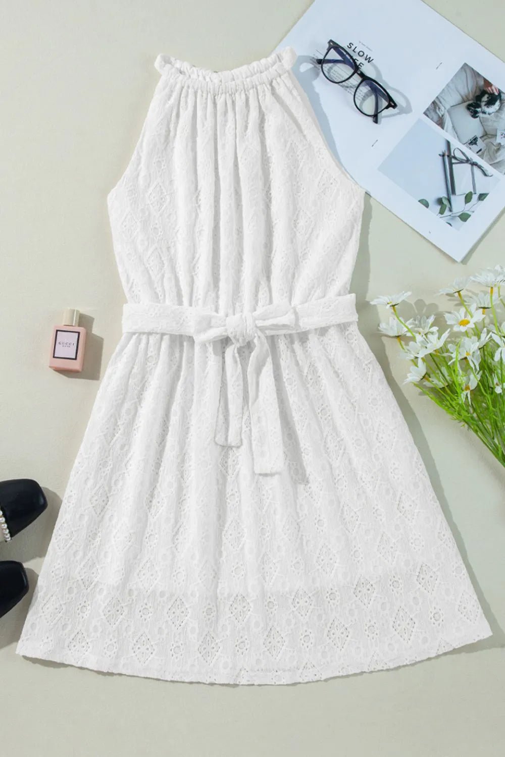 Lace Sleeveless Tied Waist Mini Dress - adritiX