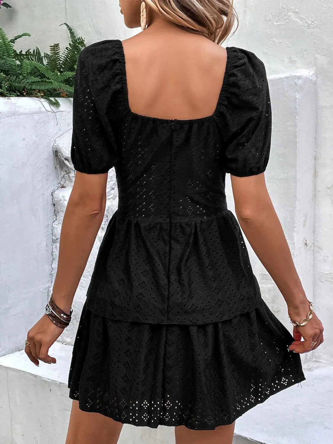 Layered Eyelet Short Sleeve Mini Dress - adritiX