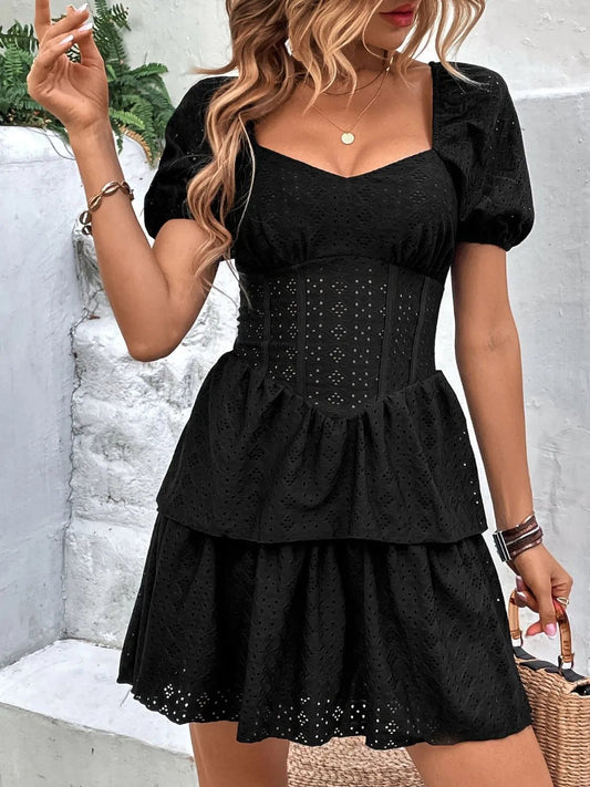 Layered Eyelet Short Sleeve Mini Dress - adritiX