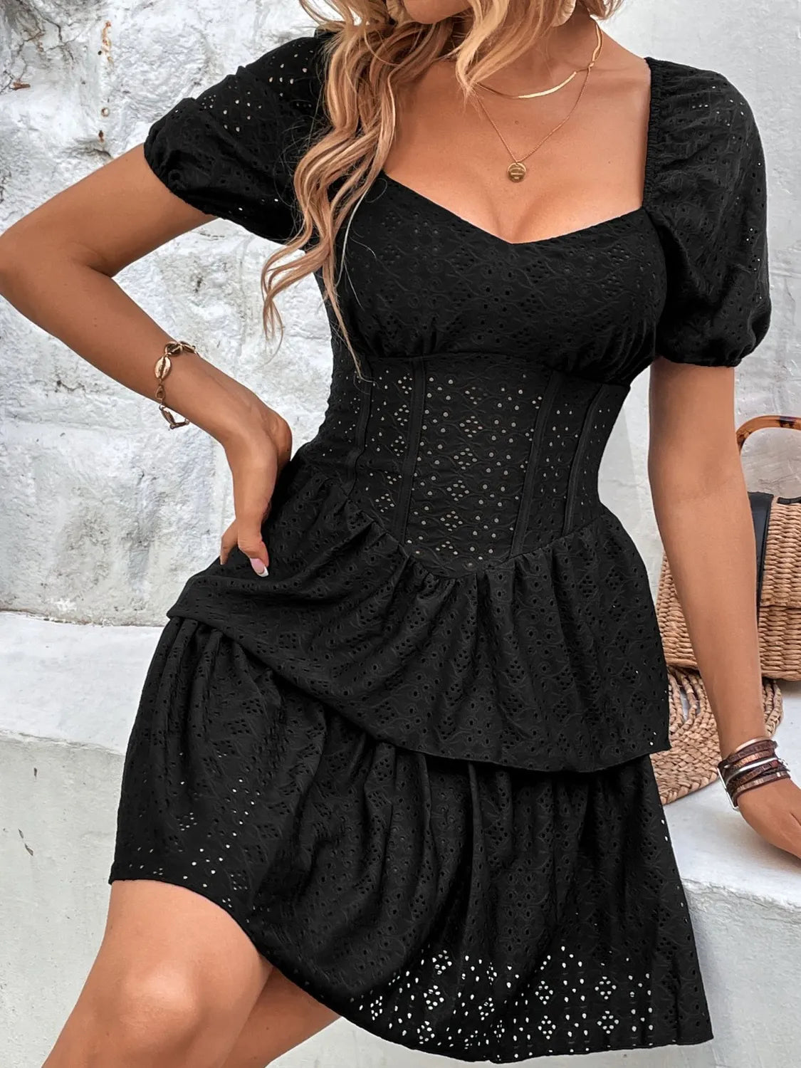 Layered Eyelet Short Sleeve Mini Dress - adritiX