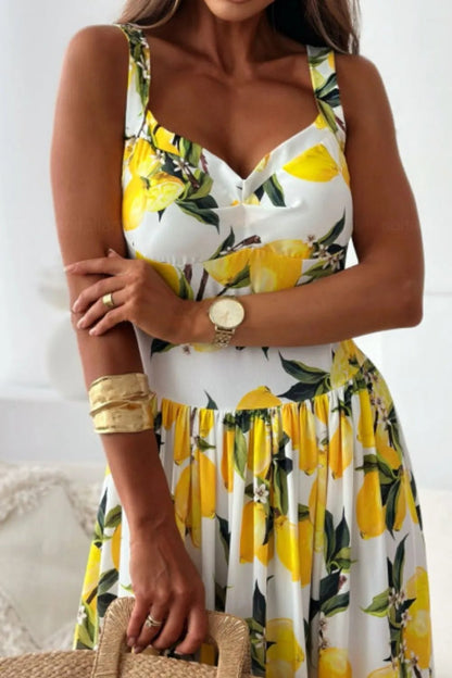 Lemon Print Sweetheart Neck Maxi Dress - adritiX