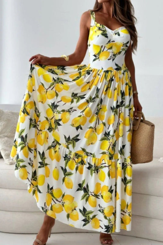 Lemon Print Sweetheart Neck Maxi Dress - adritiX