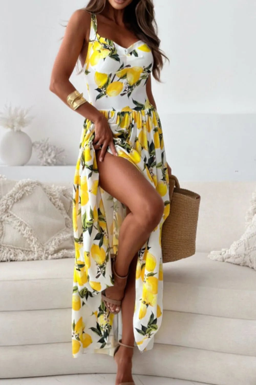 Lemon Print Sweetheart Neck Maxi Dress - adritiX