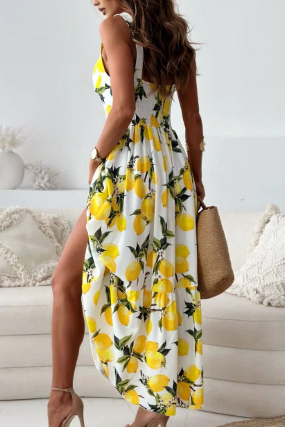 Lemon Print Sweetheart Neck Maxi Dress - adritiX