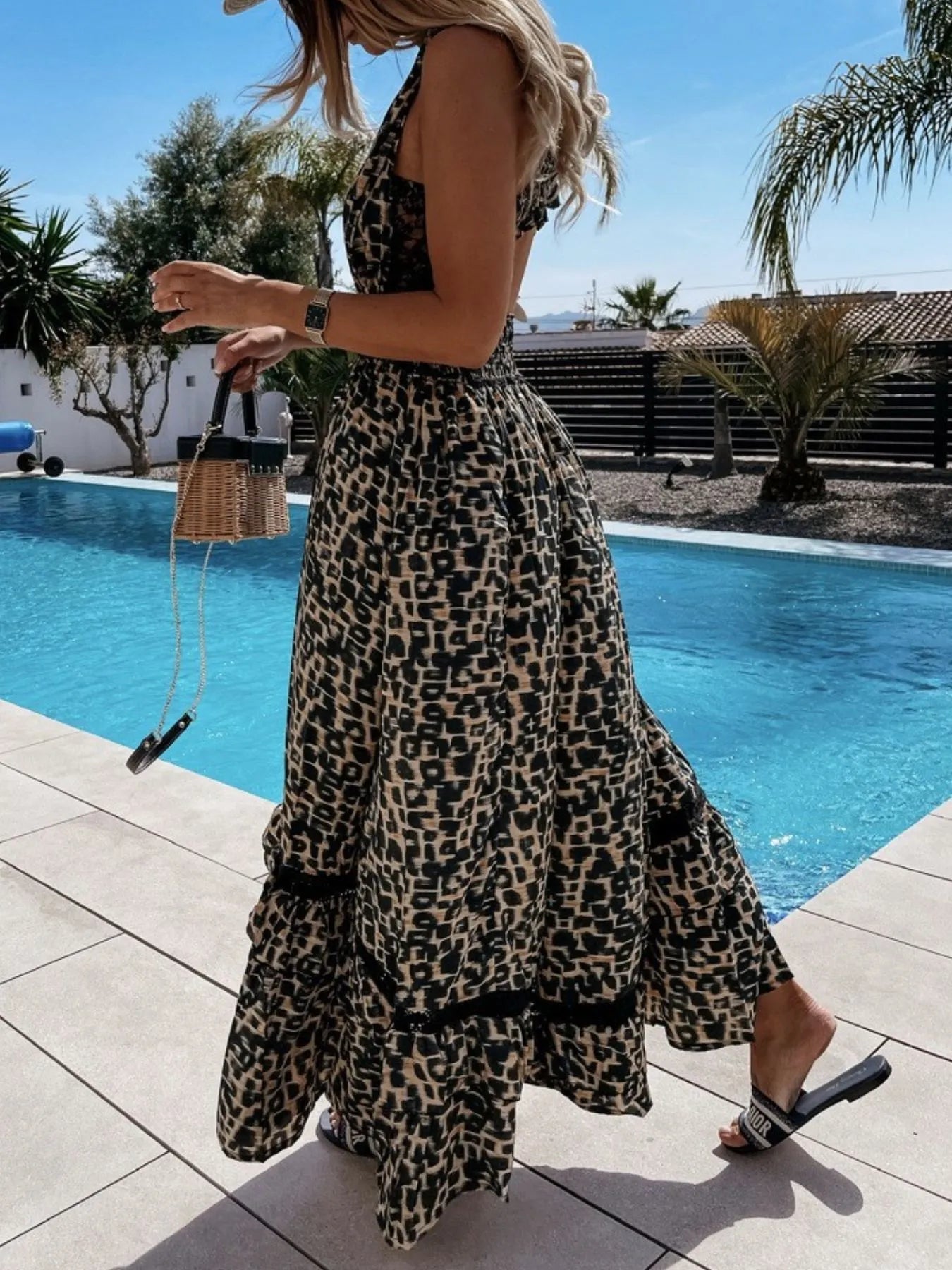Leopard Print Sleeveless Maxi Dress with Lace Trim - adritiX