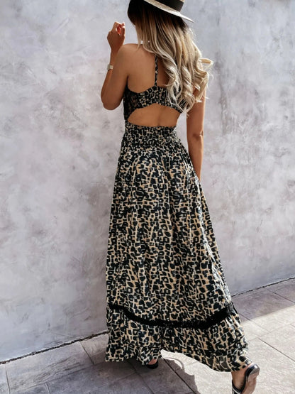 Leopard Print Sleeveless Maxi Dress with Lace Trim - adritiX