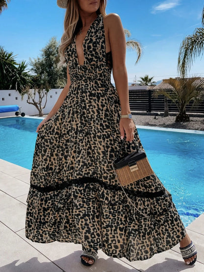 Leopard Print Sleeveless Maxi Dress with Lace Trim - adritiX