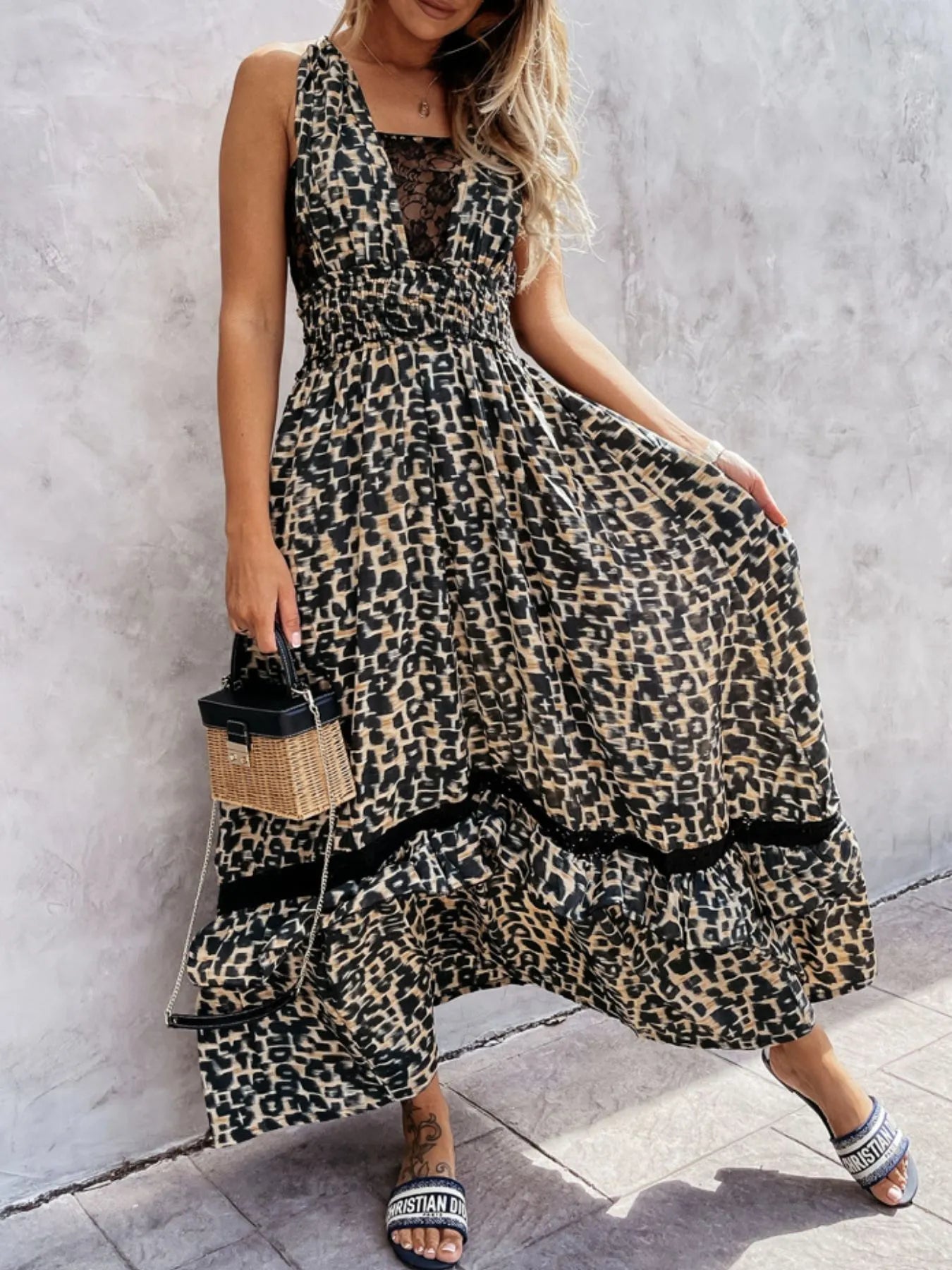Leopard Print Sleeveless Maxi Dress with Lace Trim - adritiX