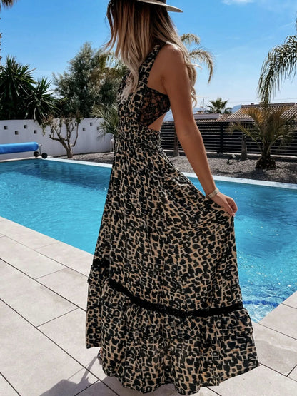 Leopard Print Sleeveless Maxi Dress with Lace Trim - adritiX