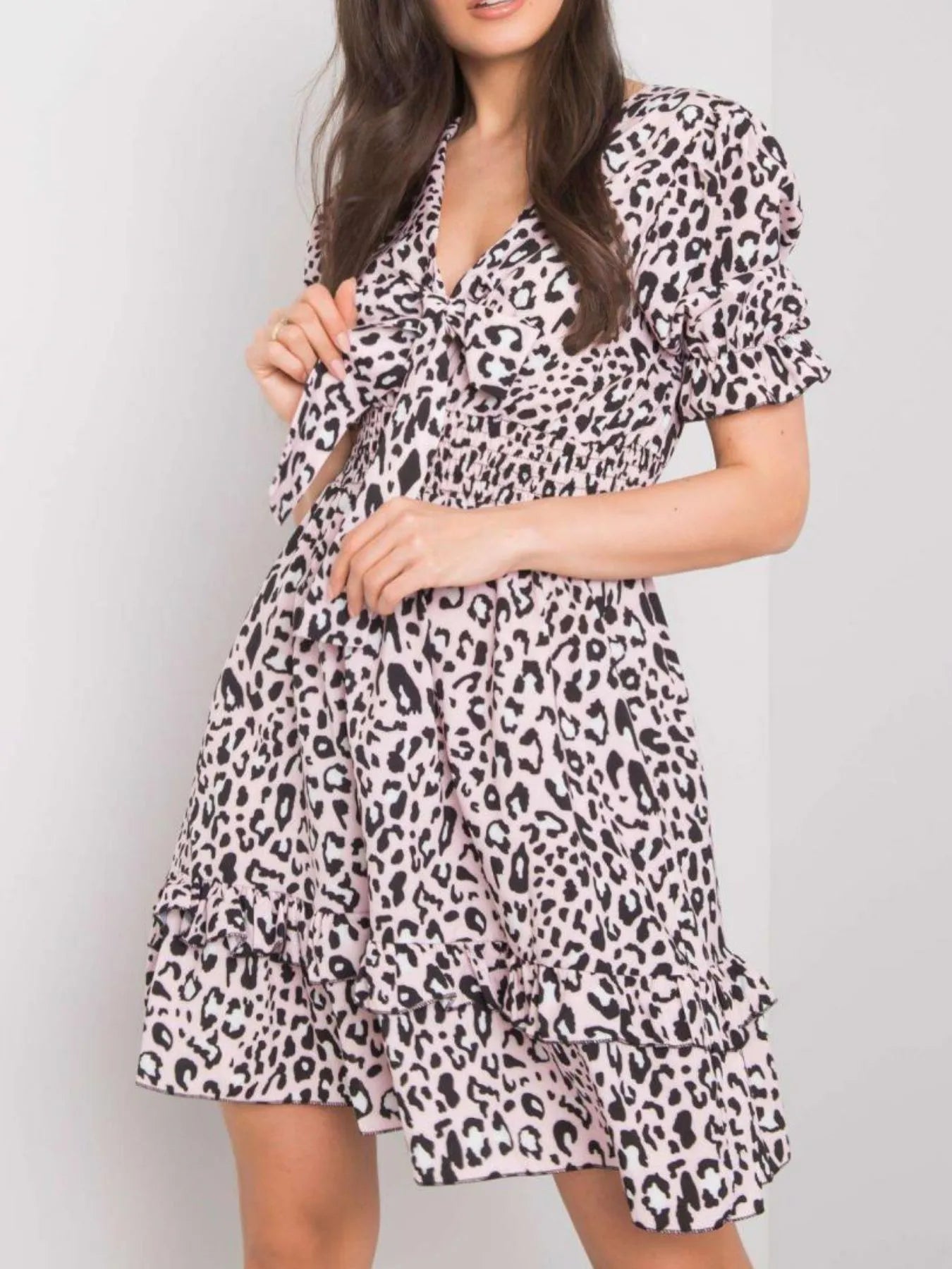 Leopard Print Tie Front Short Sleeve Mini Dress - adritiX