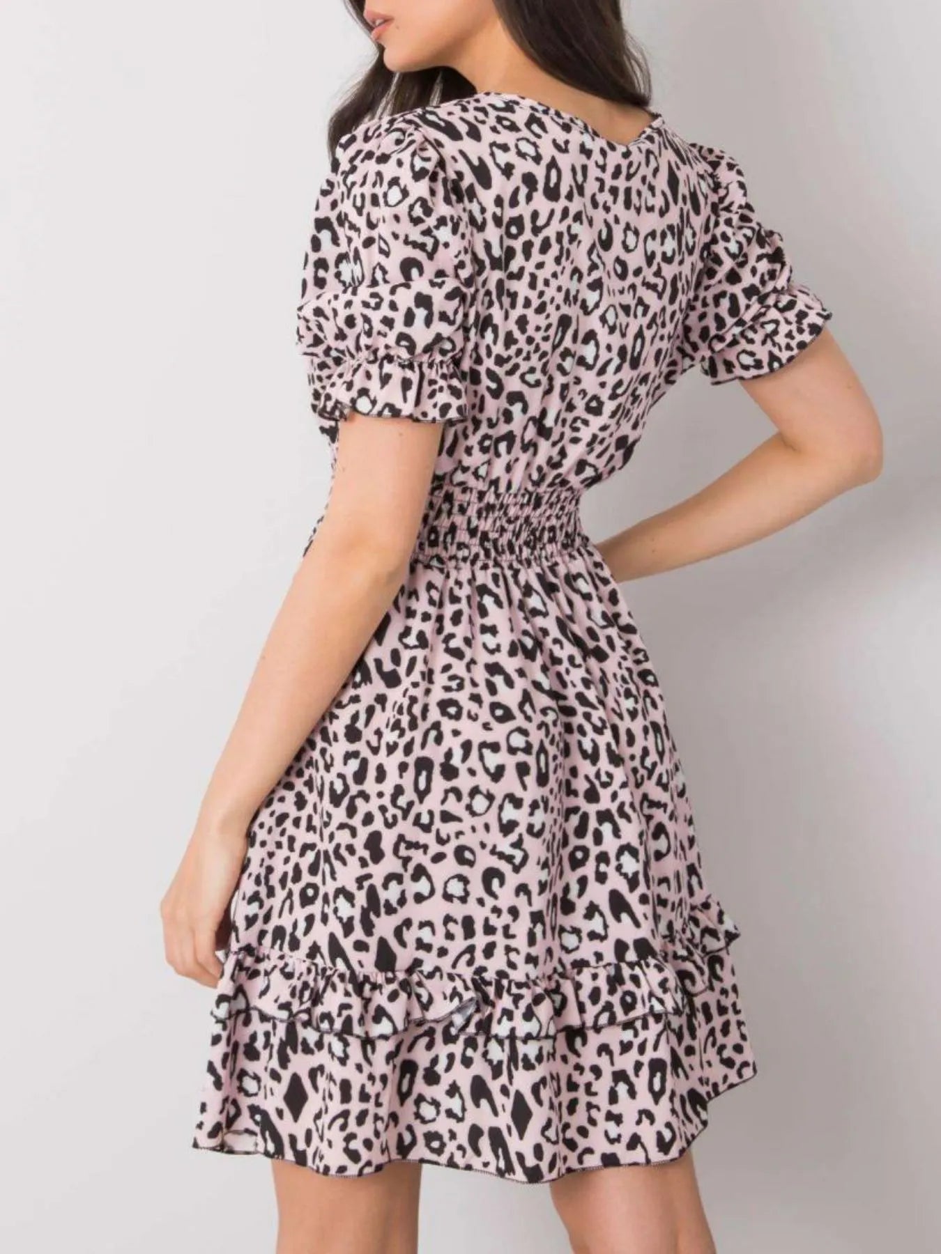 Leopard Print Tie Front Short Sleeve Mini Dress - adritiX