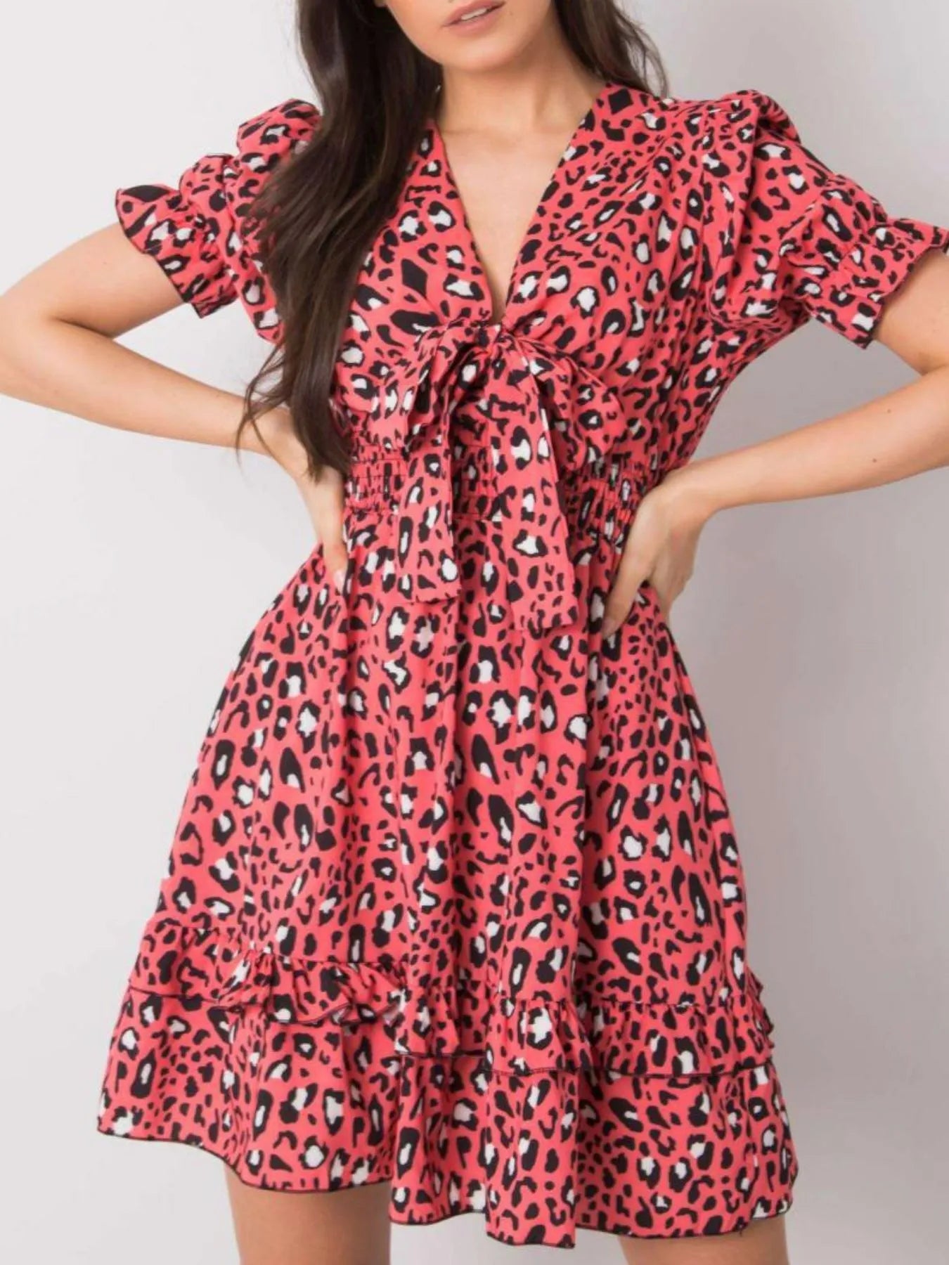 Leopard Print Tie Front Short Sleeve Mini Dress - adritiX