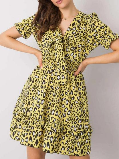 Leopard Print Tie Front Short Sleeve Mini Dress - adritiX