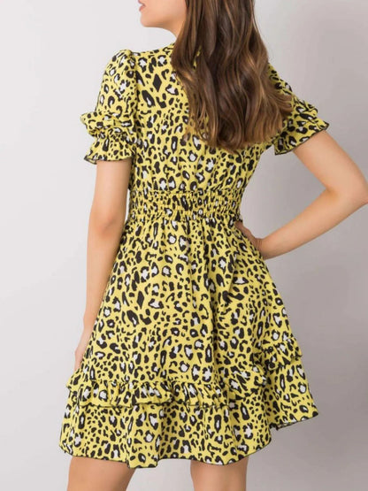 Leopard Print Tie Front Short Sleeve Mini Dress - adritiX