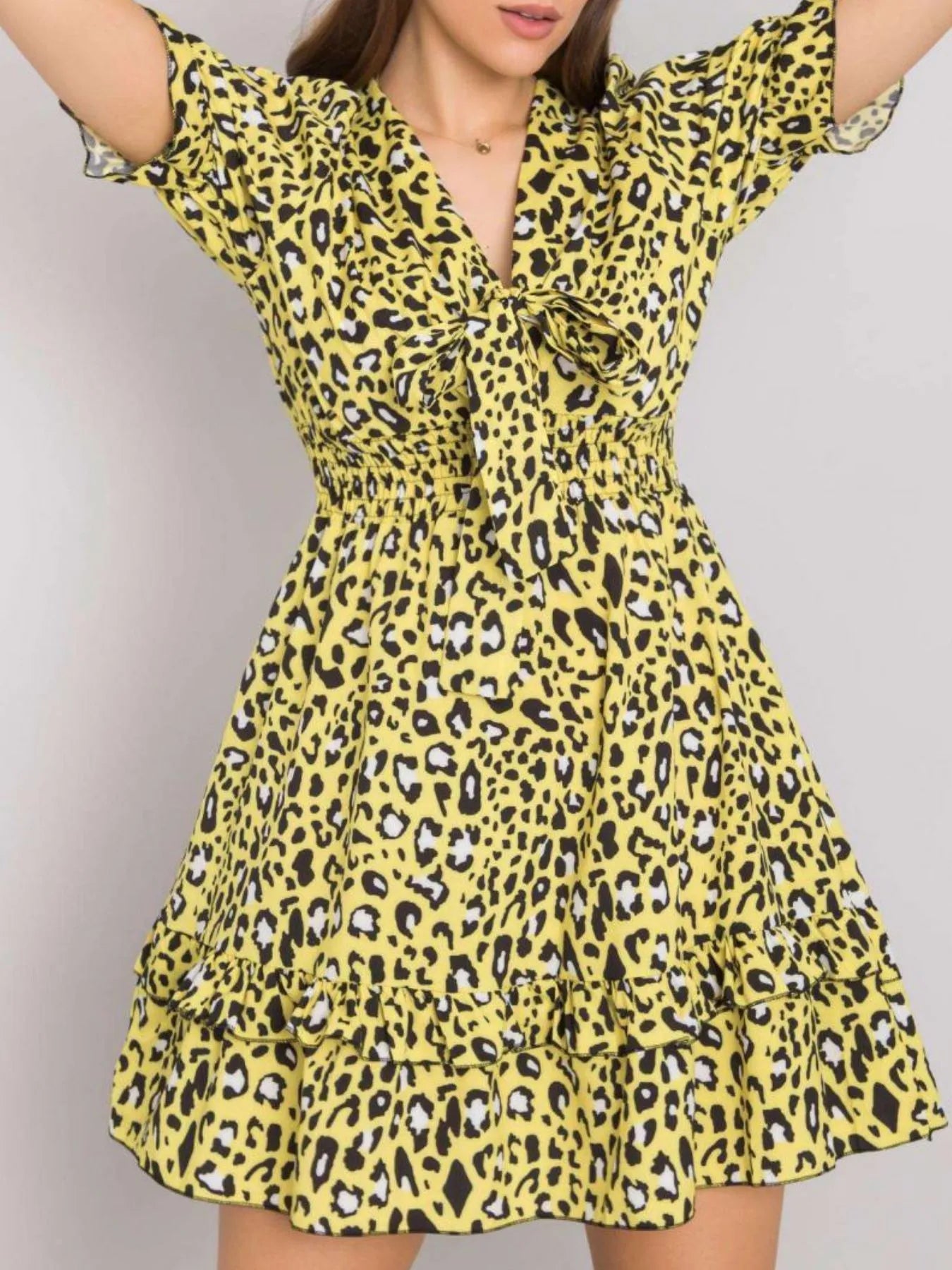 Leopard Print Tie Front Short Sleeve Mini Dress - adritiX