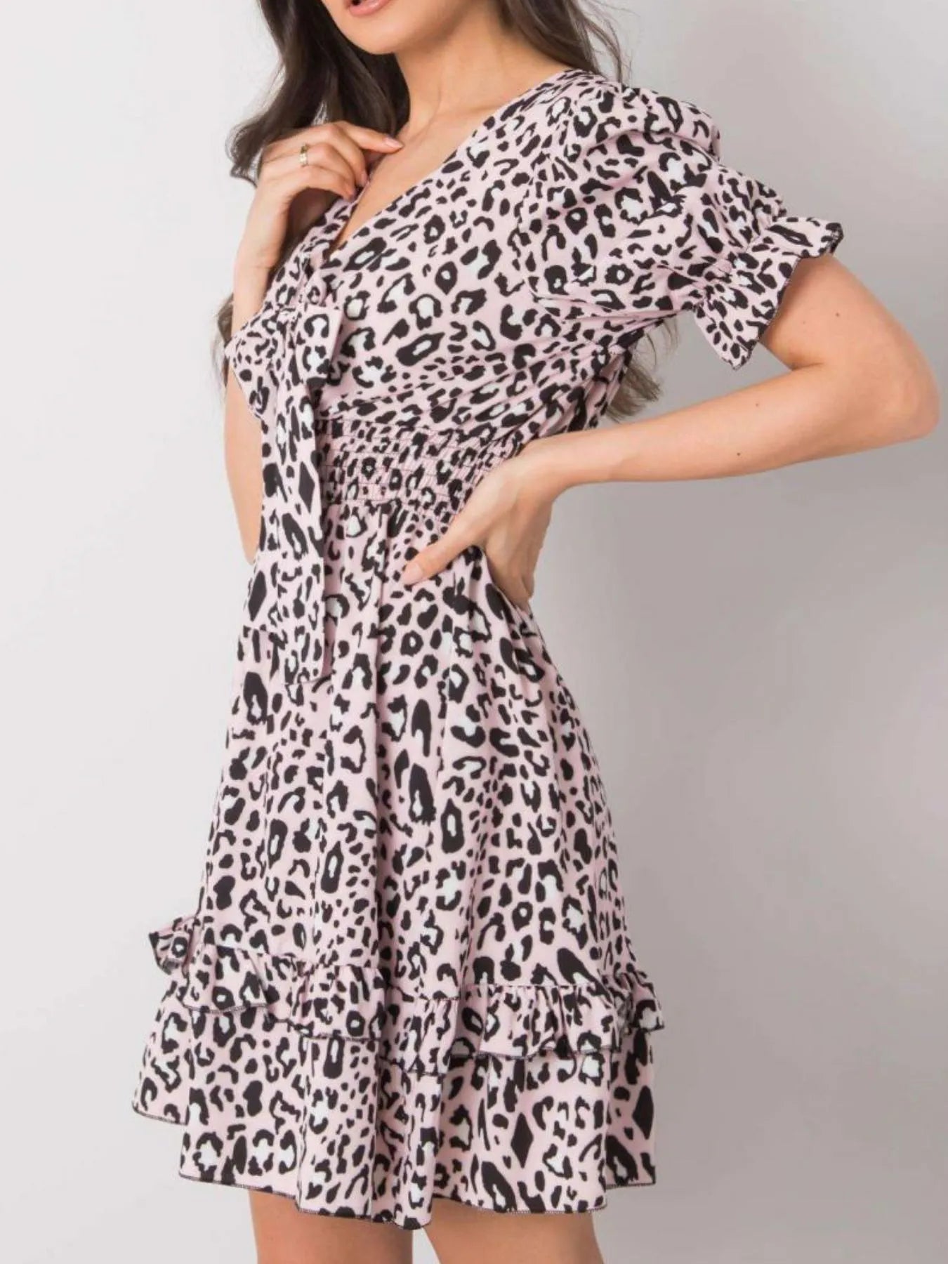 Leopard Print Tie Front Short Sleeve Mini Dress - adritiX