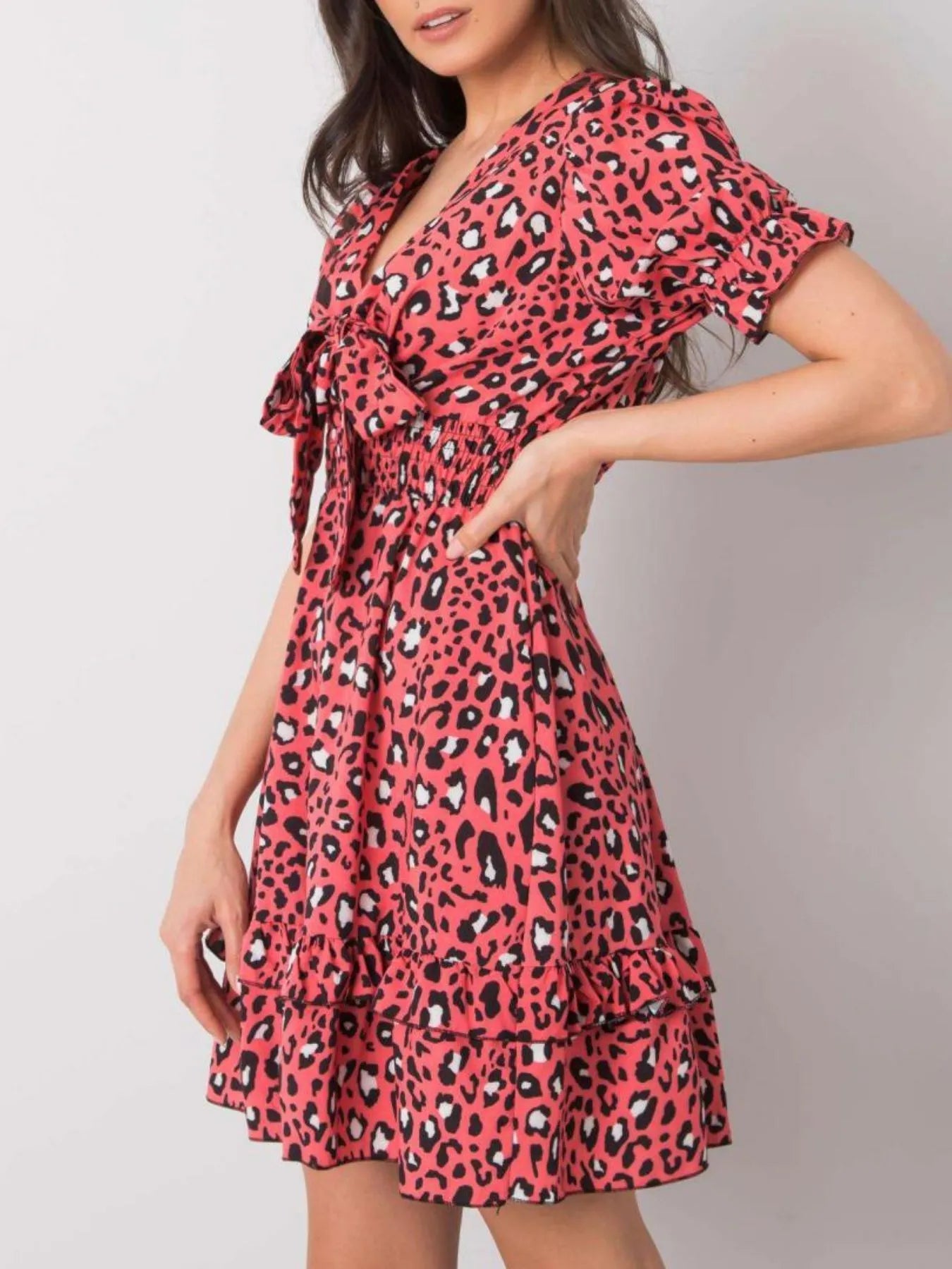 Leopard Print Tie Front Short Sleeve Mini Dress - adritiX