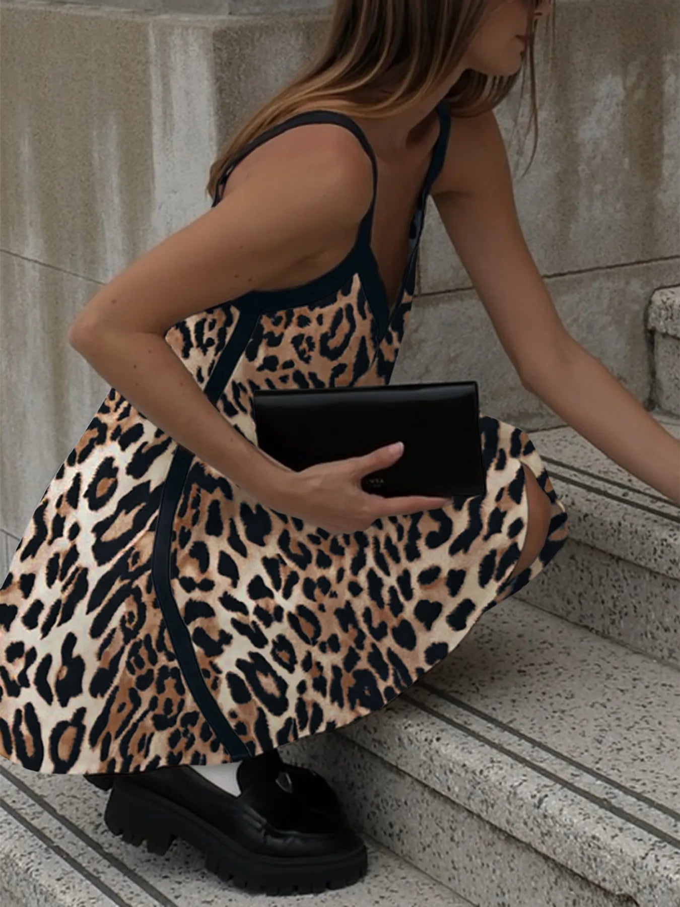 Leopard Print V - neck Cami Swing Dress - adritiX