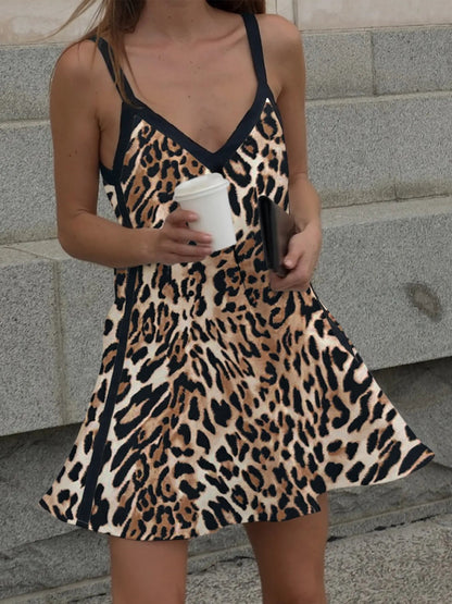 Leopard Print V - neck Cami Swing Dress - adritiX