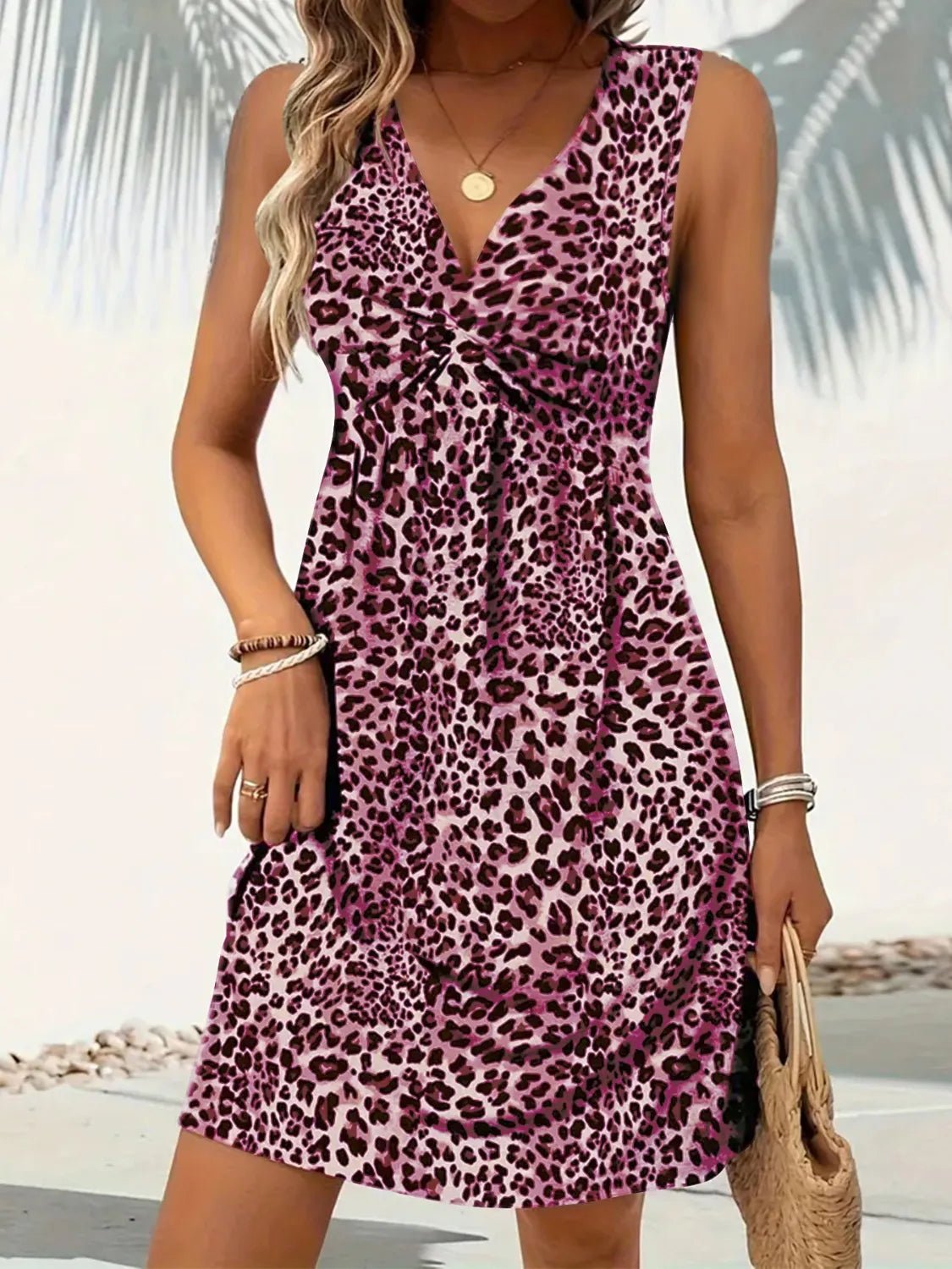 Leopard V - Neck Sleeveless Mini Dress - adritiX