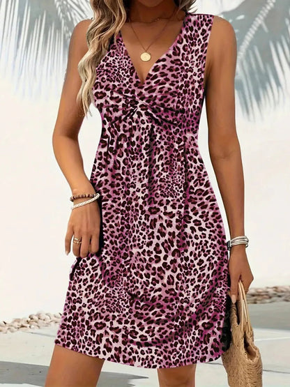 Leopard V - Neck Sleeveless Mini Dress - adritiX