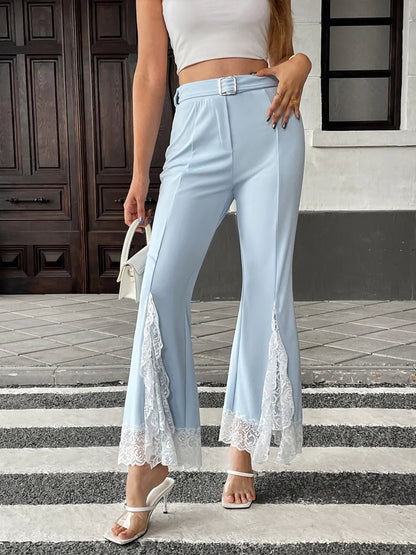 LuxeLine Lace Trim Flare Leg Pants - Elevate Your Style with Chic Comfort - adritiX