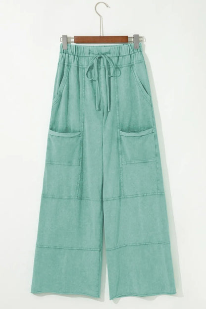 Mineral Wash High Waist Cargo Pants with Exposed Seams & Drawstring - Effortless Style & Comfort - adritiX