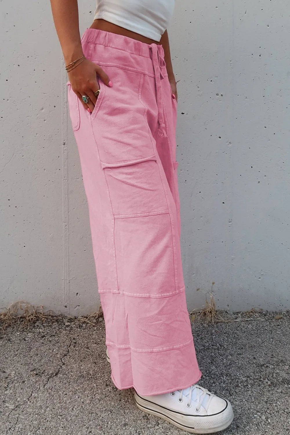 Mineral Wash High Waist Cargo Pants with Exposed Seams & Drawstring - Effortless Style & Comfort - adritiX