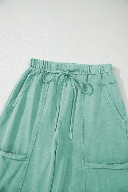 Mineral Wash High Waist Cargo Pants with Exposed Seams & Drawstring - Effortless Style & Comfort - adritiX