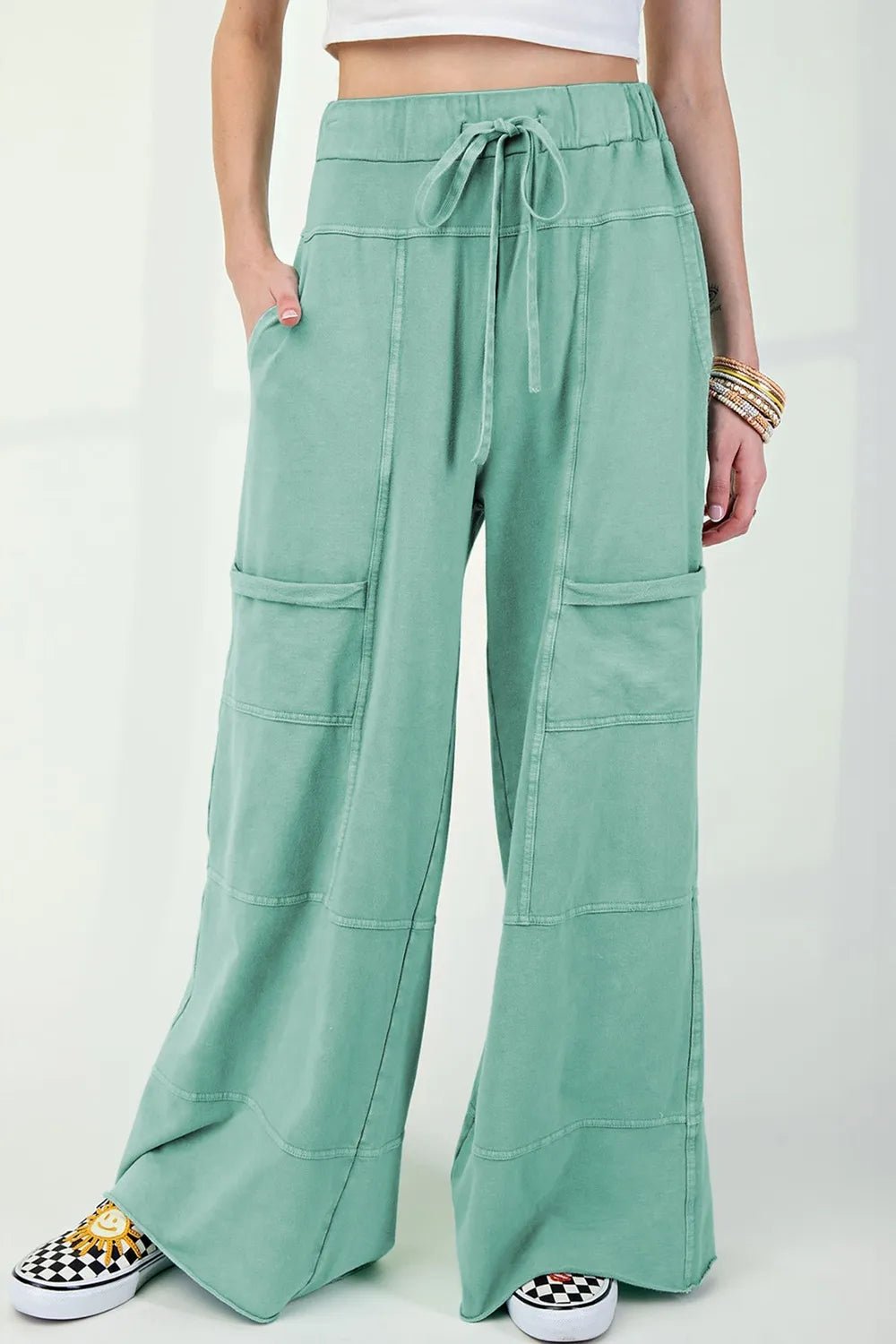 Mineral Wash High Waist Cargo Pants with Exposed Seams & Drawstring - Effortless Style & Comfort - adritiX