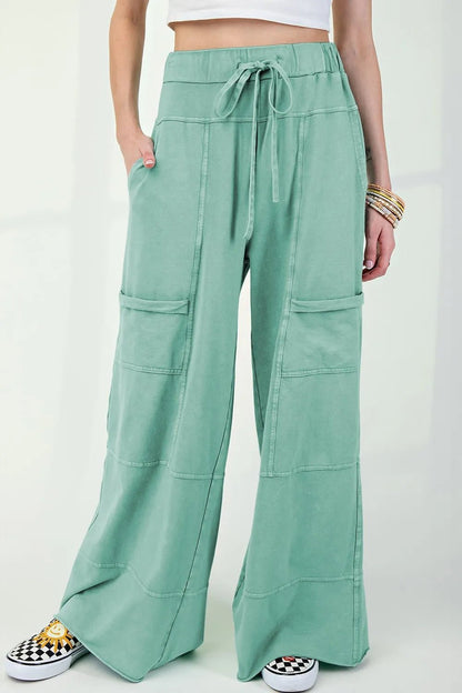 Mineral Wash High Waist Cargo Pants with Exposed Seams & Drawstring - Effortless Style & Comfort - adritiX