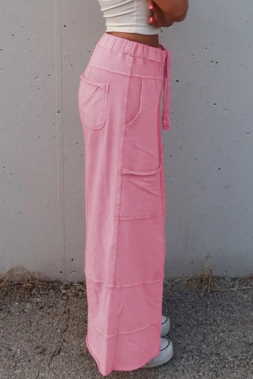 Mineral Wash High Waist Cargo Pants with Exposed Seams & Drawstring - Effortless Style & Comfort - adritiX