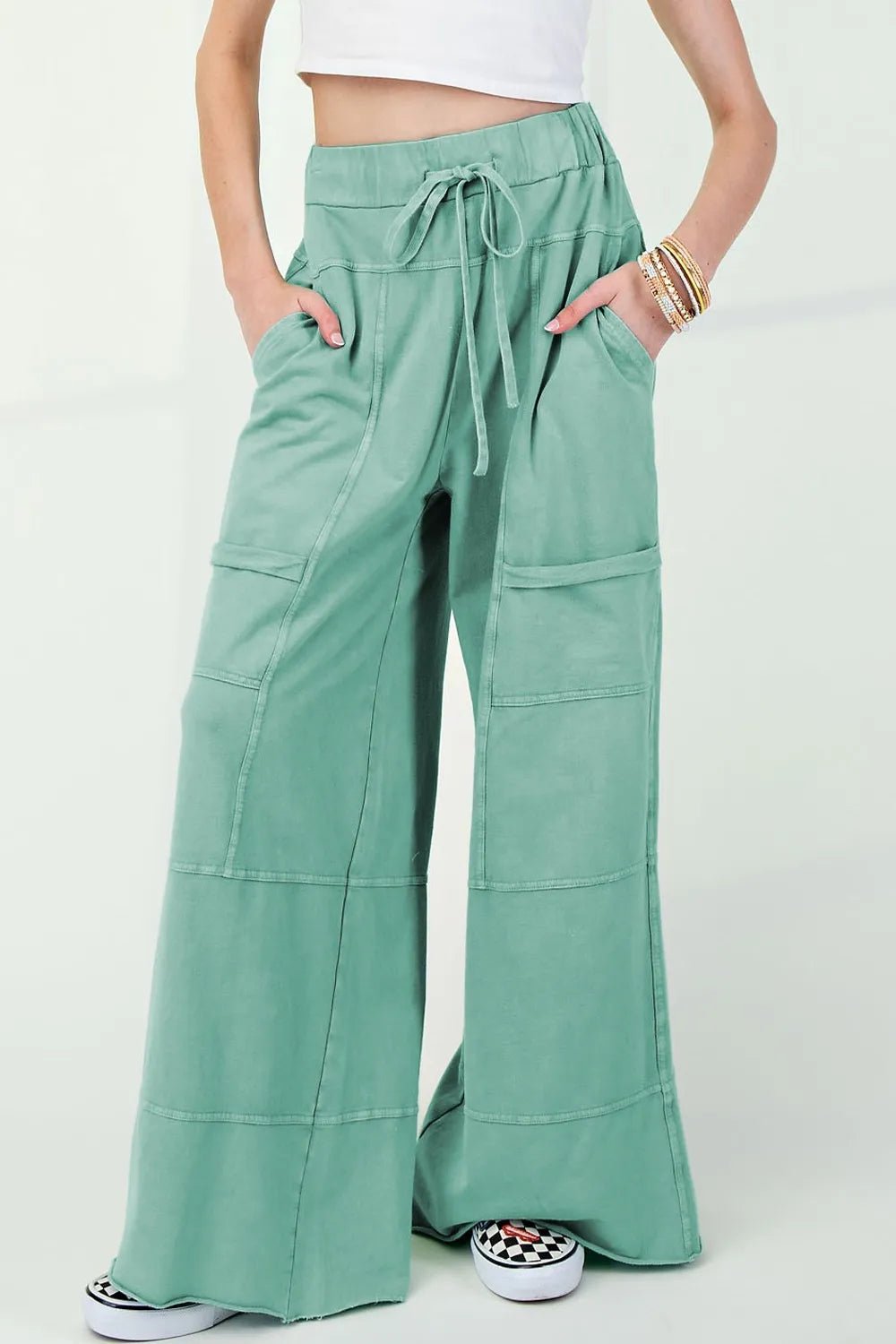 Mineral Wash High Waist Cargo Pants with Exposed Seams & Drawstring - Effortless Style & Comfort - adritiX