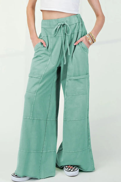 Mineral Wash High Waist Cargo Pants with Exposed Seams & Drawstring - Effortless Style & Comfort - adritiX