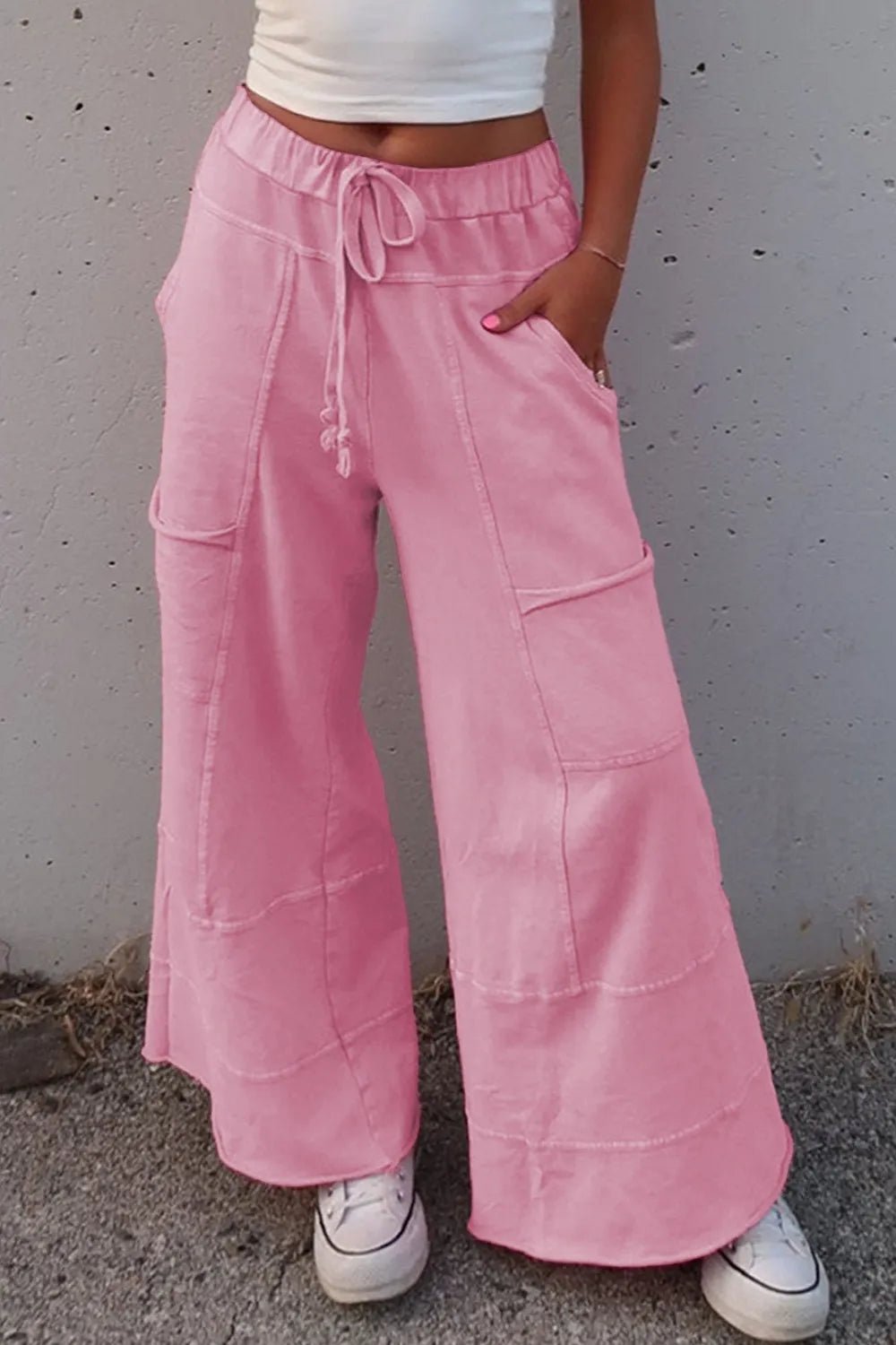 Mineral Wash High Waist Cargo Pants with Exposed Seams & Drawstring - Effortless Style & Comfort - adritiX