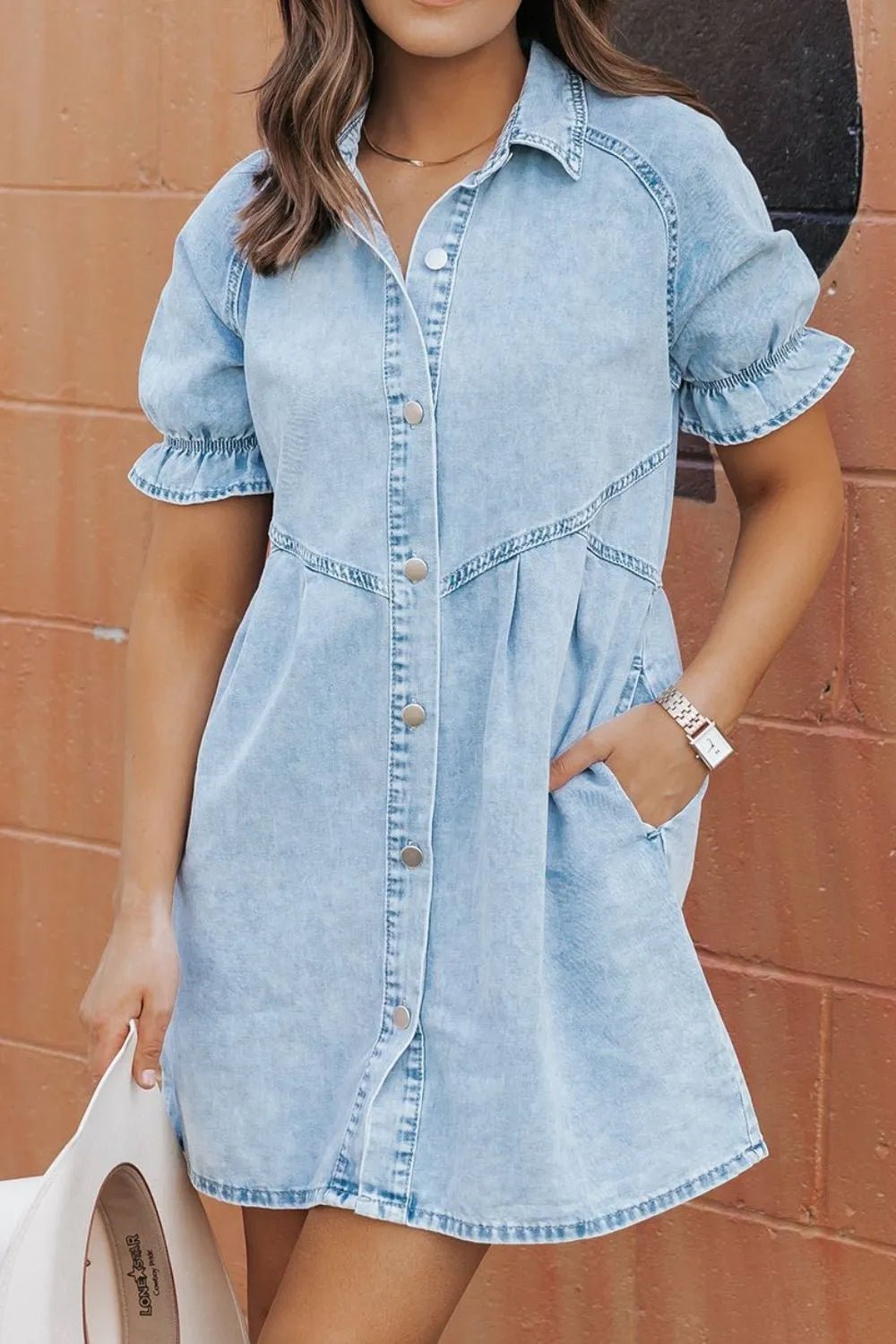Mineral Wash Ruffle Sleeve Denim Dress - adritiX