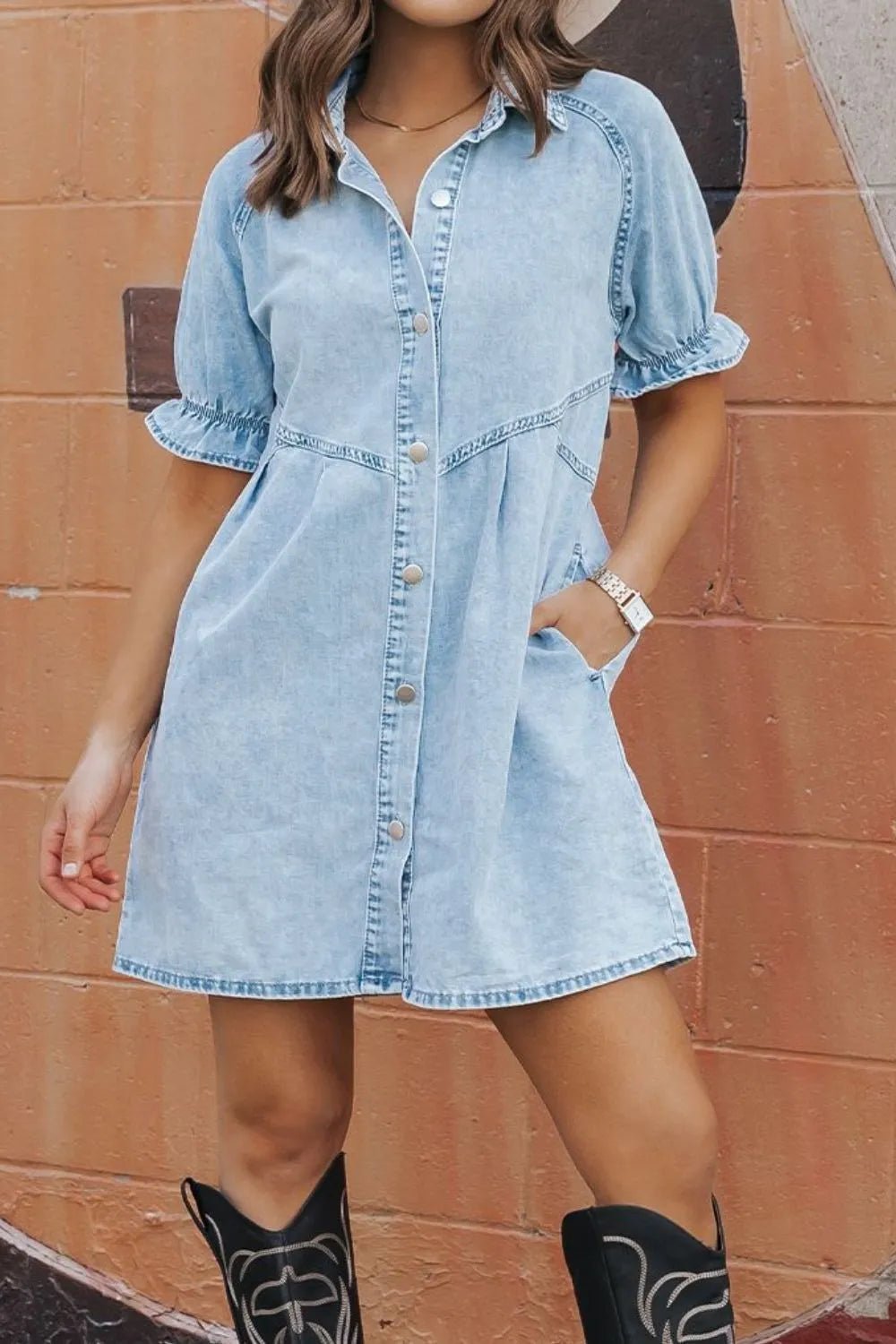 Mineral Wash Ruffle Sleeve Denim Dress - adritiX