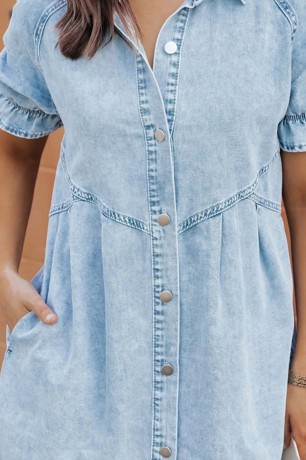 Mineral Wash Ruffle Sleeve Denim Dress - adritiX