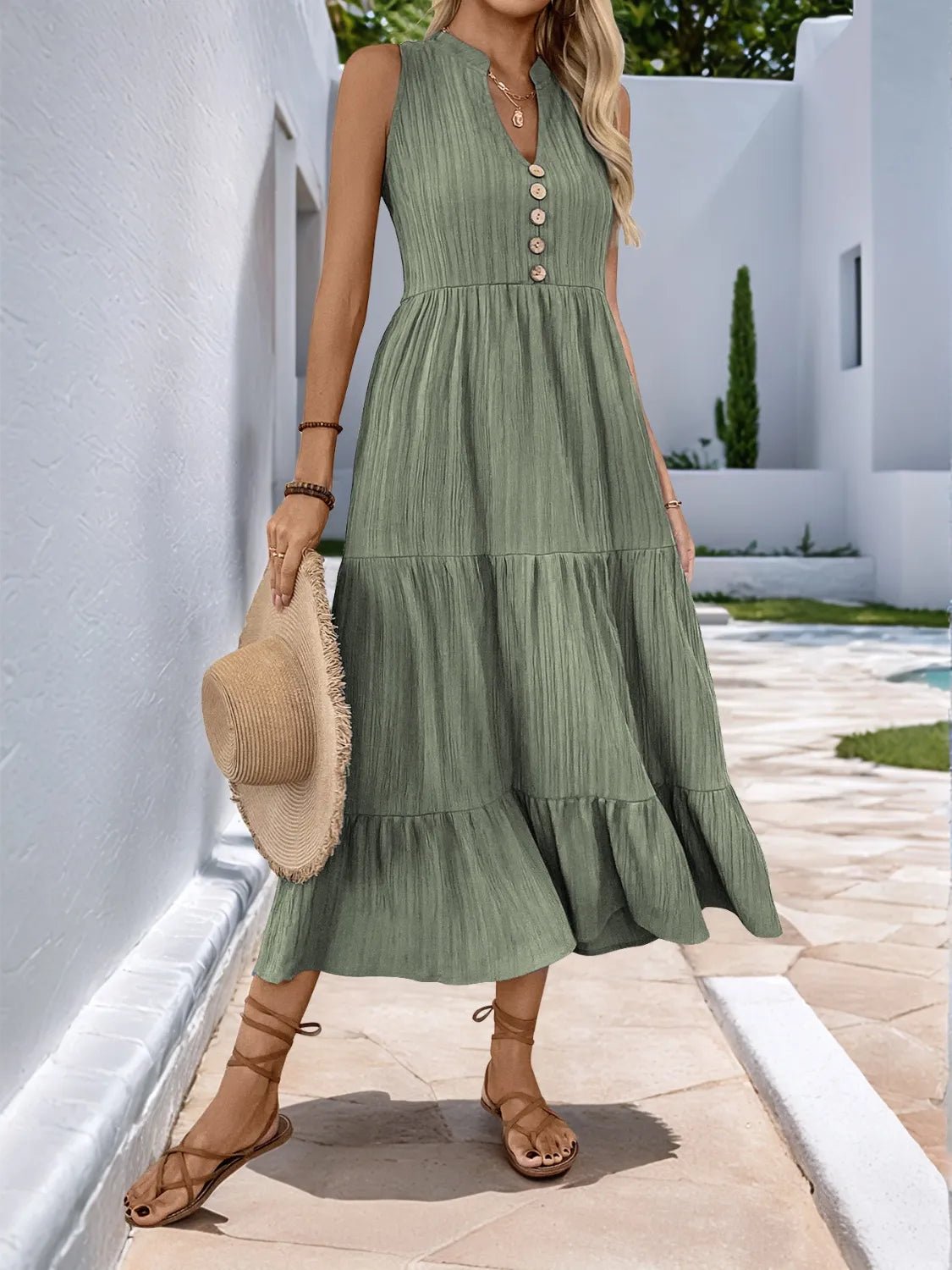 Notched Sleeveless Midi Tiered Dress - adritiX