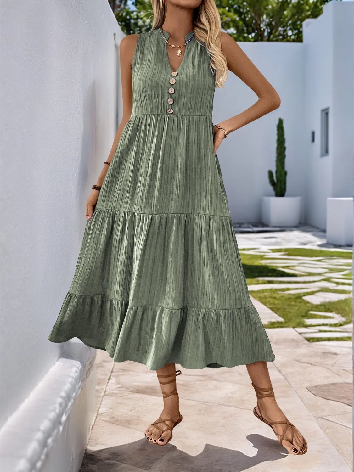 Notched Sleeveless Midi Tiered Dress - adritiX