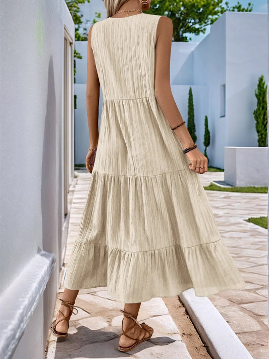 Notched Sleeveless Midi Tiered Dress - adritiX