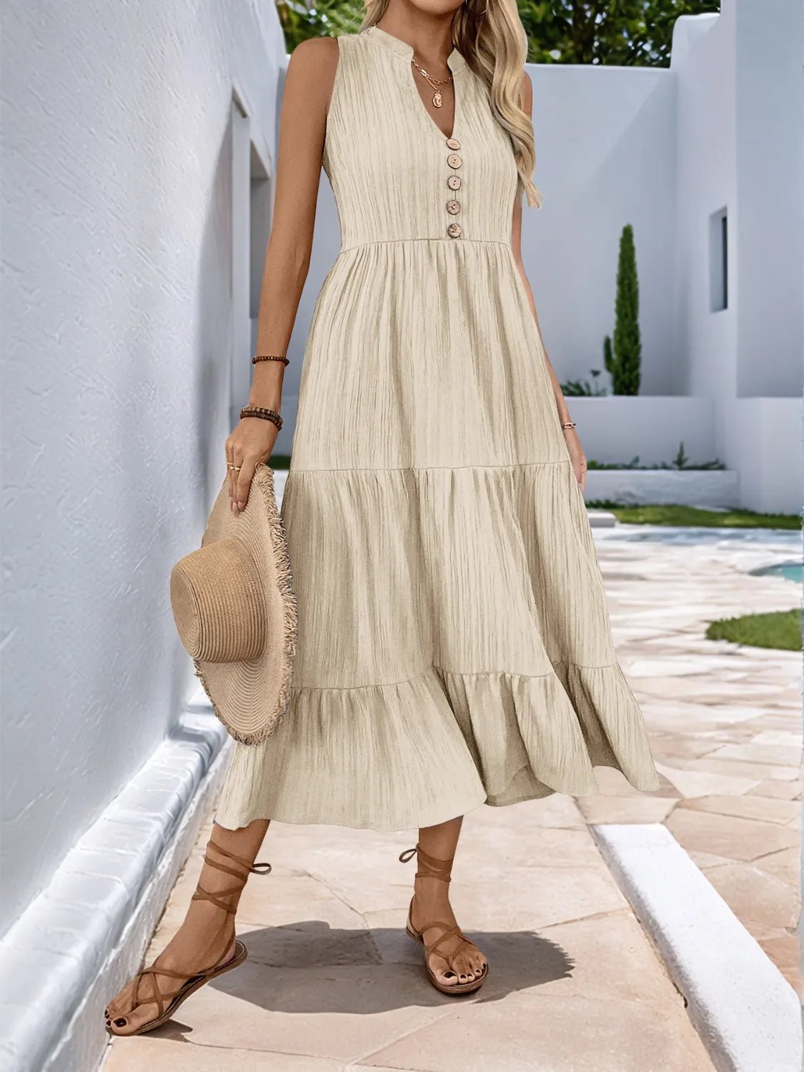 Notched Sleeveless Midi Tiered Dress - adritiX