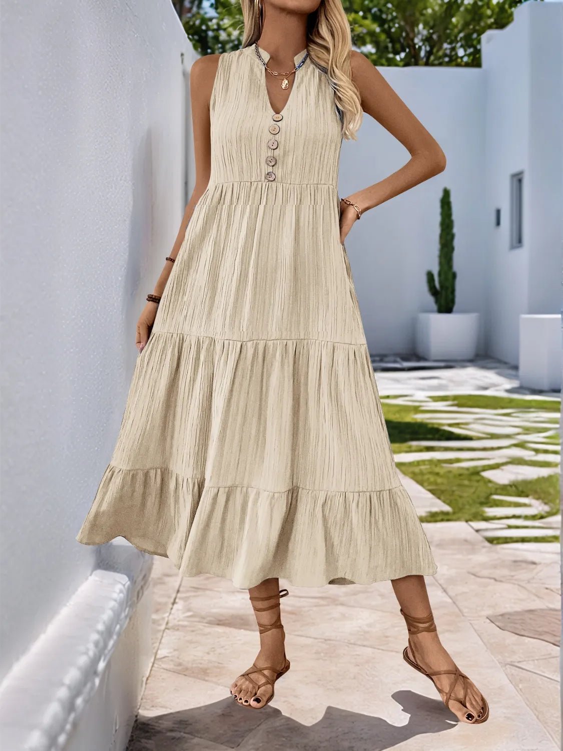 Notched Sleeveless Midi Tiered Dress - adritiX