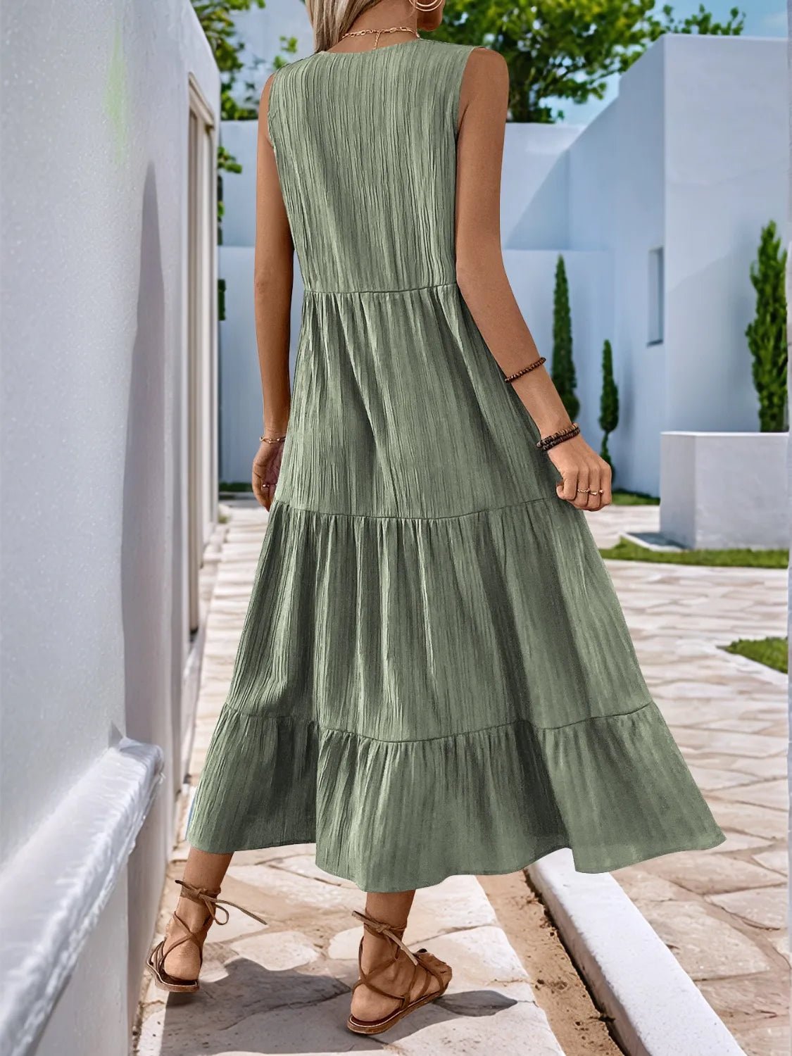 Notched Sleeveless Midi Tiered Dress - adritiX