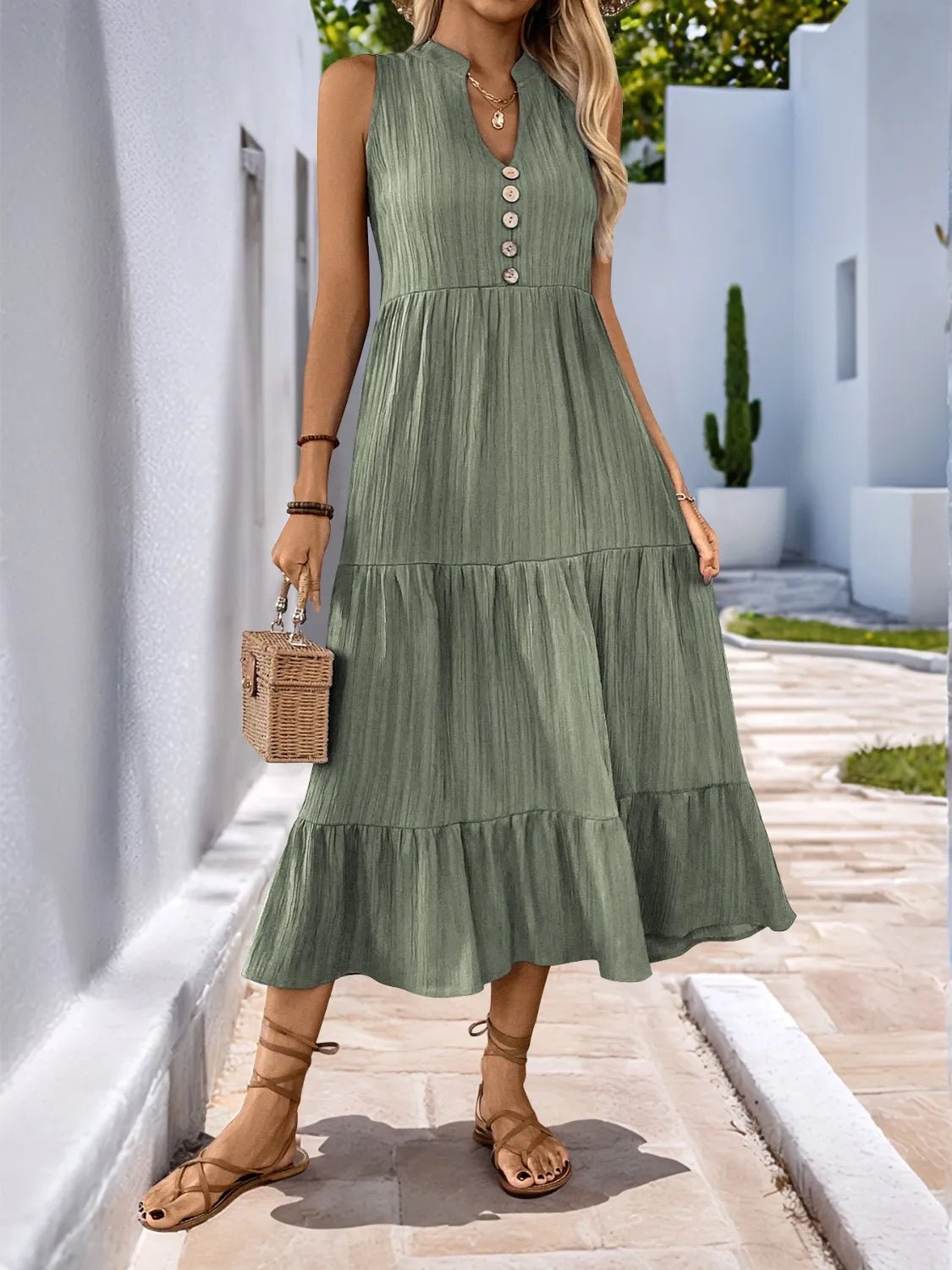 Notched Sleeveless Midi Tiered Dress - adritiX