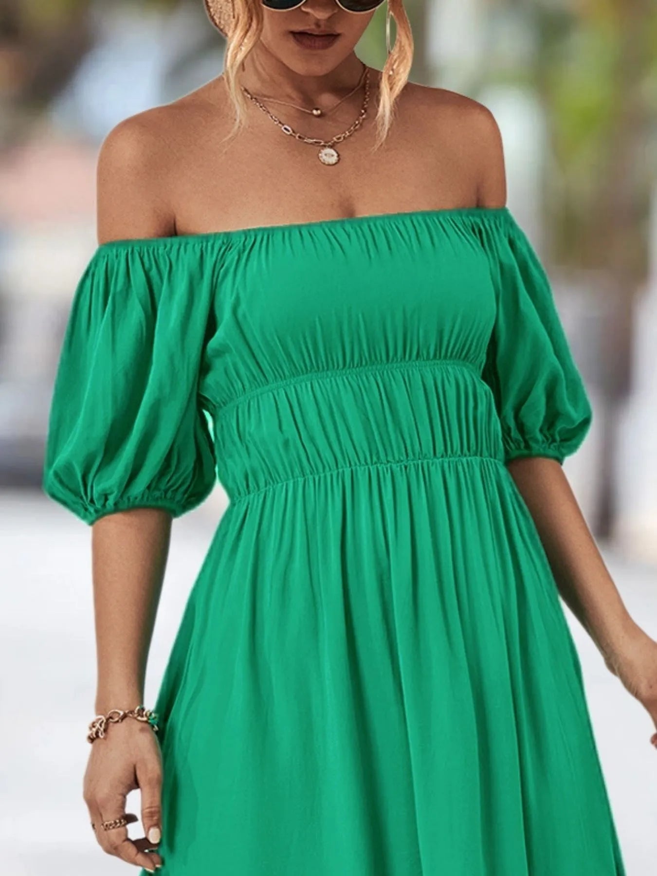 Off - Shoulder Puff Sleeve Mini Dress - adritiX