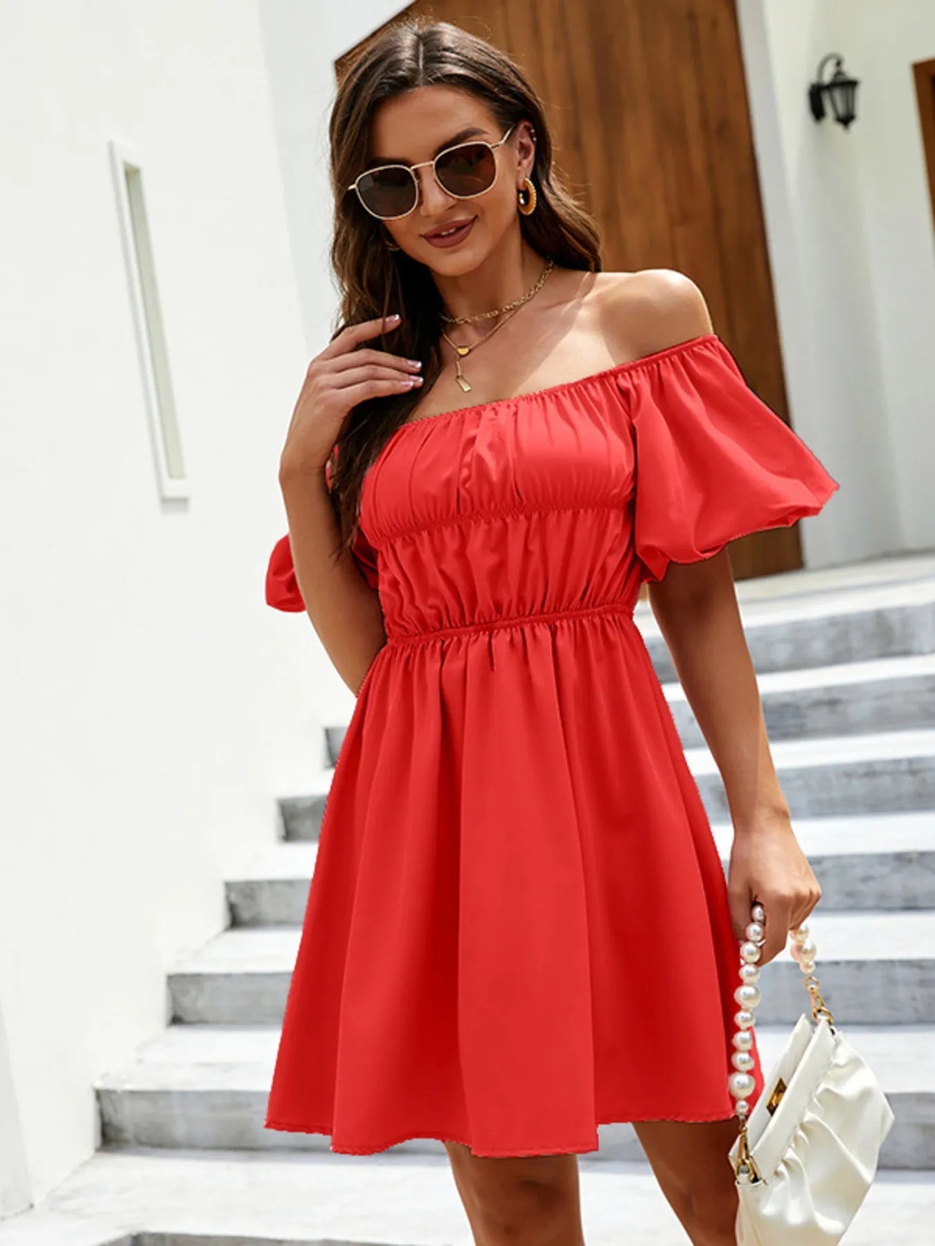 Off - Shoulder Puff Sleeve Mini Dress - adritiX