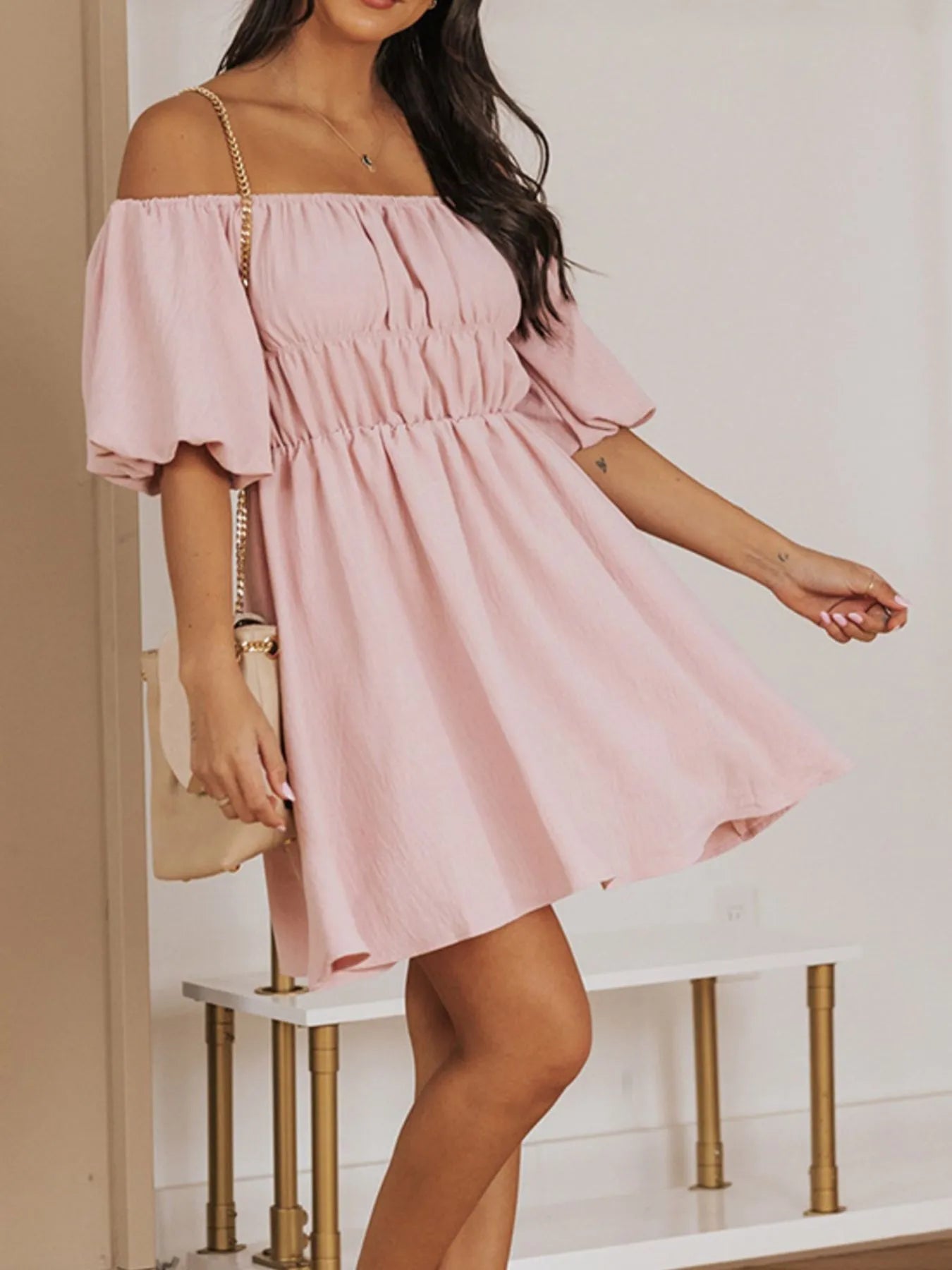 Off - Shoulder Puff Sleeve Mini Dress - adritiX